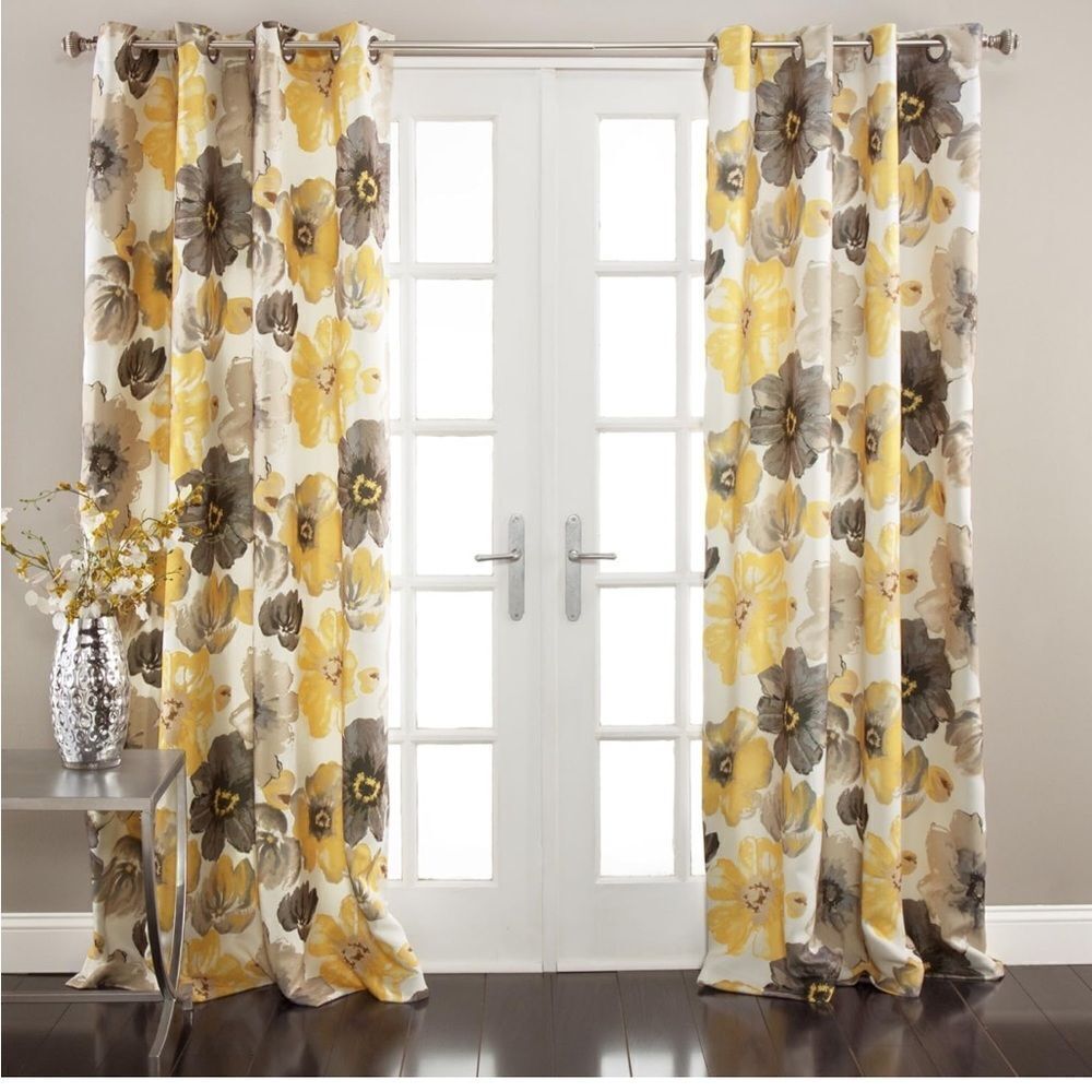 NWT New Half Moon Leah Yellow/White/Grey Floral Curtain Panels 52" x 108"